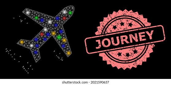 Glowing mesh network flying air liner with glowing spots, and Journey grunge rosette stamp seal. Illuminated vector constellation created from flying air liner symbol.