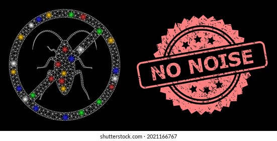 Glowing mesh network forbidden cockroach with light dots, and No Noise unclean rosette stamp seal. Illuminated vector mesh created from forbidden cockroach icon.
