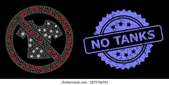 Glowing mesh network forbidden t-shirt clothes with lightspots, and No Tanks dirty rosette stamp seal. Illuminated vector model created from forbidden t-shirt clothes icon.