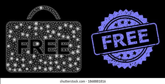 Glowing mesh network free case with lightspots, and Free unclean rosette seal imitation. Illuminated vector constellation created from free case icon. Blue seal contains Free title inside rosette.