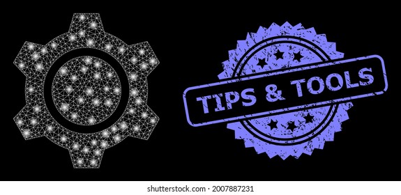 Glowing mesh network gear with light spots, and Tips and Tools dirty rosette seal imitation. Illuminated vector constellation created from gear icon. Blue seal contains Tips and Tools text inside