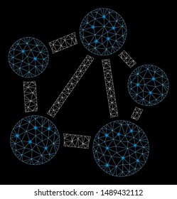Glowing mesh network with glare effect. Abstract illuminated model of network icon. Shiny wire carcass triangular mesh network. Vector abstraction on a black background.