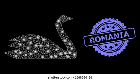 Glowing mesh network goose with glowing spots, and Romania rubber rosette seal imitation. Illuminated vector model created from goose icon. Blue seal includes Romania tag inside rosette.