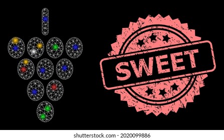 Glowing mesh network grape berry with flash nodes, and Sweet dirty rosette stamp. Illuminated vector mesh created from grape berry symbol. Pink stamp seal includes Sweet caption inside rosette.
