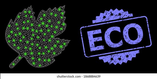 Glowing mesh network grape leaf with glowing spots, and Eco grunge rosette stamp. Illuminated vector model created from grape leaf icon. Blue stamp seal has Eco tag inside rosette.