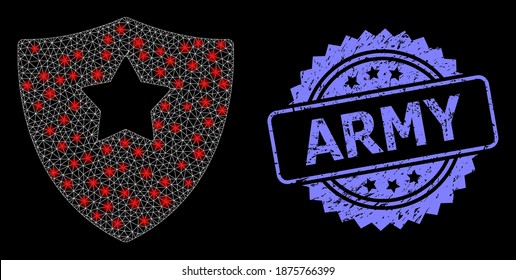 Glowing mesh network guard shield with glowing spots, and Army scratched rosette stamp seal. Illuminated vector constellation created from guard shield icon.