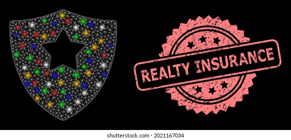 Glühende Maschenwächter mit leuchtenden Flecken und Realty Insurance schmutzigen Rosette-Stempel. Illuminierte Vektormaschen, die aus Schutzschild-Piktogramm erstellt wurden.