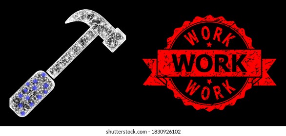 Glowing mesh network hammer with glowing spots, and Work corroded ribbon watermark. Red seal includes Work title inside ribbon.