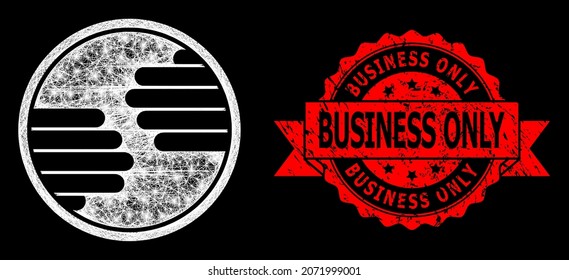 Glowing mesh network hands circle with lightspots, and Business Only corroded ribbon stamp seal. Red stamp seal contains Business Only text inside ribbon.