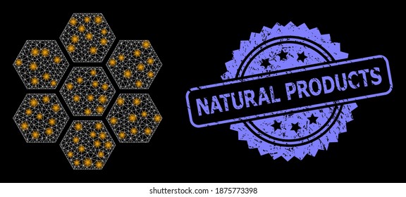 Colas de malla brillante con manchas brillantes y sellado de rosette corroido por los productos naturales. Modelo vectorial iluminado creado a partir del icono de los peines de miel.