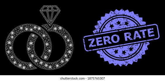 Glowing mesh network jewelry wedding rings with glowing spots, and Zero Rate scratched rosette stamp. Illuminated vector model created from jewelry wedding rings icon.