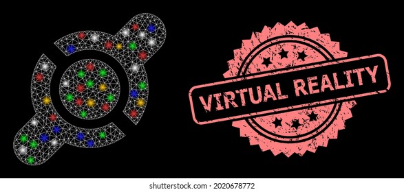Verglühende Vernetzung mit leuchtenden Flecken und Virtual Reality-Grunge-Rosette-Siegel. Illuminierte Vektorgitter, die aus dem Symbol für die Verbindungsverbindung hergestellt wurden.