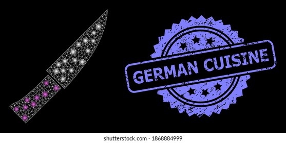 Cuchillo de red de malla brillante con focos de luz y sello de rosette grunge de cocina alemana. Constelación vectorial iluminada creada a partir del icono de cuchillo.