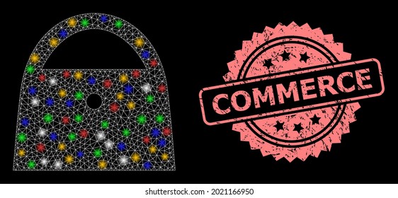 Glowing mesh network lady bag with bright dots, and Commerce dirty rosette seal print. Illuminated vector mesh created from lady bag symbol. Pink stamp seal contains Commerce text inside rosette.