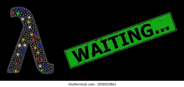 Glowing mesh network Lambda Greek lowercase symbol with multicolored light spots, and grunge Waiting... stamp. Green stamp seal includes Waiting... tag inside framed rectangle.