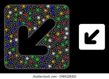 Glowing mesh network left down direction with colorful glowing spots. Constellation vector framework created from left down direction symbol. Sparkle frame mesh left down direction,