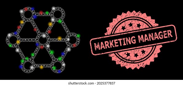 Glowing mesh network link system with glowing spots, and Marketing Manager dirty rosette seal print. Illuminated vector mesh created from link system pictogram.