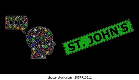 Glowing mesh network man opinion with multi colored glowing spots, and grunge St. John'S seal stamp. Green stamp includes St. John'S text inside framed rectangle.