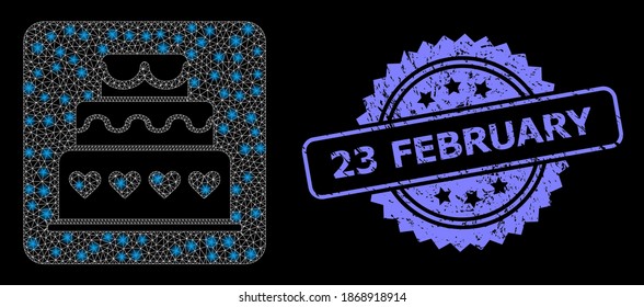 Glowing mesh network marriage cake with lightspots, and 23 February dirty rosette seal. Illuminated vector constellation created from marriage cake icon.