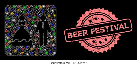 Red de malla brillante personas casadas con puntos de luz, y sello de sello de rosette corroido en el Festival de Cerveza. Malla vectorial iluminada creada a partir del icono de las personas casadas.