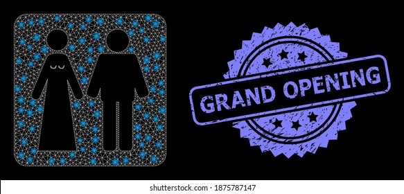 Glowing mesh network married groom and bribe with glowing spots, and Grand Opening dirty rosette seal. Illuminated vector constellation created from married groom and bribe icon.