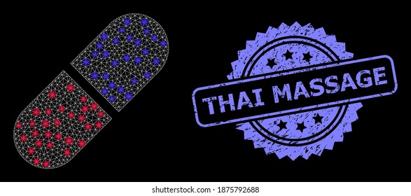 Glowing mesh network medication pill with glowing spots, and Thai Massage scratched rosette stamp seal. Illuminated vector constellation created from medication pill icon.