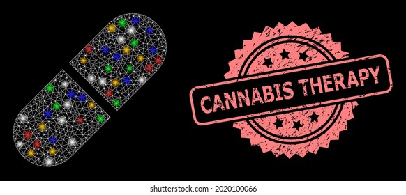 Glowing mesh network medication pill with glowing spots, and Cannabis Therapy grunge rosette seal imitation. Illuminated vector mesh created from medication pill symbol.
