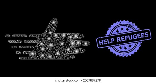 Glowing mesh network moving hand with glowing spots, and Help Refugees unclean rosette stamp seal. Illuminated vector constellation created from moving hand icon.