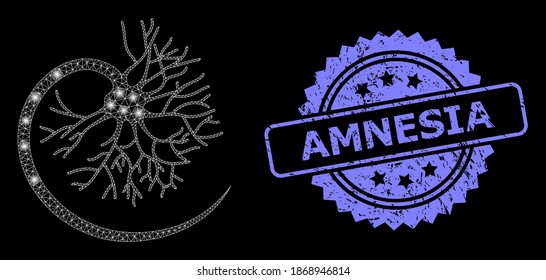 Glowing mesh network neuron with glowing spots, and Amnesia textured rosette stamp seal. Illuminated vector constellation created from neuron icon. Blue stamp seal contains Amnesia tag inside rosette.