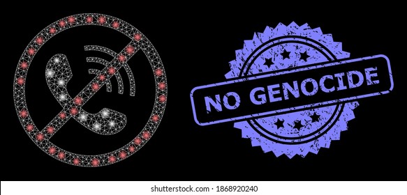 Glowing mesh network no phone calls with glowing spots, and No Genocide dirty rosette seal imitation. Illuminated vector model created from no phone calls icon.