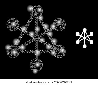 Glowing mesh network nodes web icon with illuminated light spots. Illuminated constellation is generated from network nodes vector icon. Glowing carcass web polygonal network nodes,