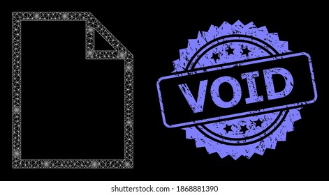 Glowing mesh network paper page with glowing spots, and Void grunge rosette seal. Illuminated vector model created from paper page icon. Blue stamp seal contains Void tag inside rosette.
