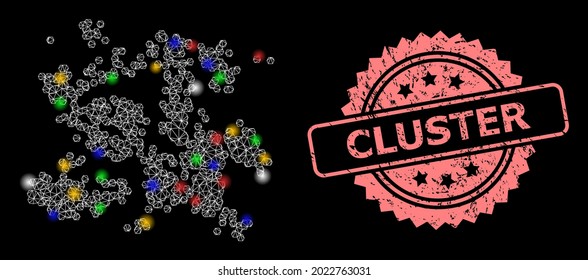 Glowing mesh network particle swarm with glowing spots, and Cluster dirty rosette seal print. Illuminated vector structure created from particle swarm icon.