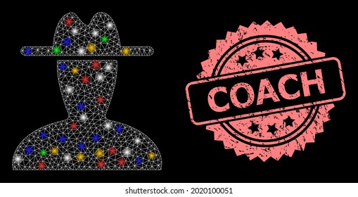 Glowing mesh network peasant persona with flash nodes, and Coach grunge rosette stamp. Illuminated vector constellation created from peasant persona pictogram.