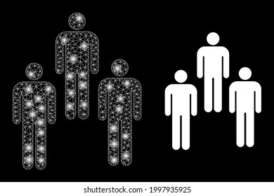Glowing mesh network people with glowing spots. Illuminated vector model created from people icon with white mesh. Sparkle carcass mesh polygonal people. Linear carcass 2D mesh in vector EPS format.