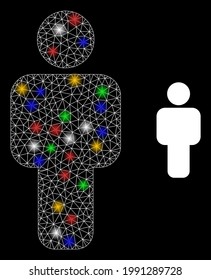 Glowing mesh network person with colored light spots. Constellation vector structure created from person pictogram. Sparkle constellation mesh person, on a black backgound.