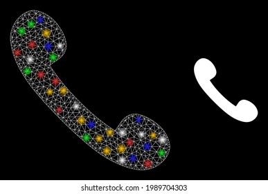 Glowing mesh network phone receiver with multicolored glowing spots. Constellation vector mesh created from phone receiver symbol. Sparkle frame mesh phone receiver, on a black backgound.
