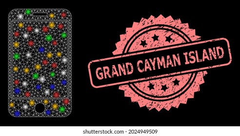 Glowing mesh network phone screen with glowing spots, and Grand Cayman Island textured rosette stamp seal. Illuminated vector structure created from phone screen symbol.