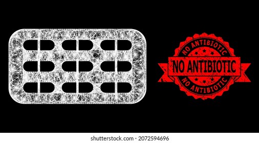 Glowing mesh network pill blister with glowing spots, and No Antibiotic dirty ribbon stamp seal. Red stamp seal includes No Antibiotic caption inside ribbon.