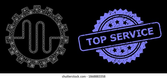 Glowing mesh network pipe service cog with glowing spots, and Top Service dirty rosette seal print. Illuminated vector model created from pipe service cog icon.