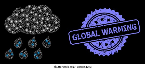 Glowing mesh network rain cloud with glowing spots, and Global Warming unclean rosette seal. Illuminated vector constellation created from rain cloud icon.