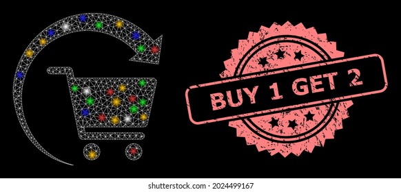 Glowing mesh network repeat shopping order with bright dots, and Buy 1 Get 2 textured rosette stamp seal. Illuminated vector constellation created from repeat shopping order symbol.