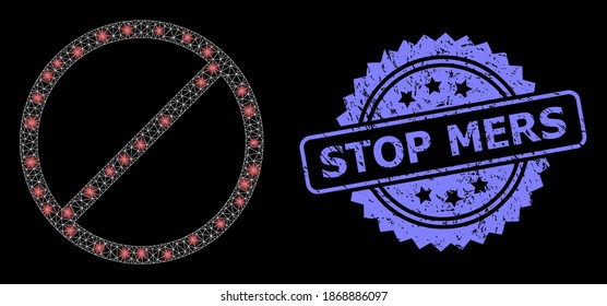 Glowing mesh network restrict with light spots, and Stop Mers corroded rosette seal imitation. Illuminated vector constellation created from restrict icon.