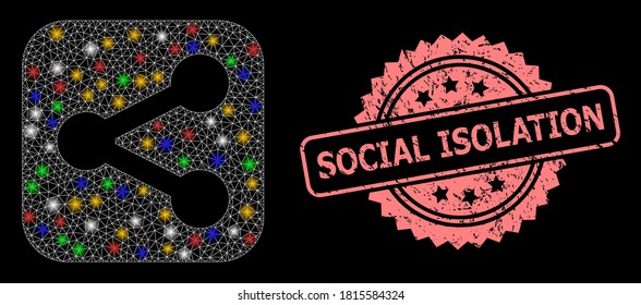 Glowing mesh network share with lightspots, and Social Isolation corroded rosette stamp. Illuminated vector mesh created from share symbol. Pink stamp includes Social Isolation text inside rosette.
