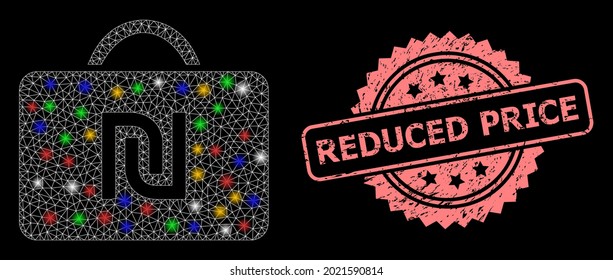 Glowing mesh network shekel case with glowing spots, and Reduced Price grunge rosette seal print. Illuminated vector mesh created from shekel case pictogram.