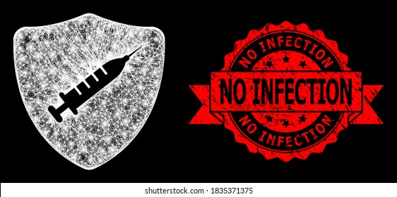 Glowing mesh network shield vaccine with glowing spots, and No Infection unclean ribbon seal print. Red seal includes No Infection title inside ribbon.
