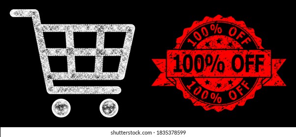 Glowing mesh network shopping cart with glowing spots, and 100% Off scratched ribbon stamp seal. Red stamp seal has 100% Off caption inside ribbon.
