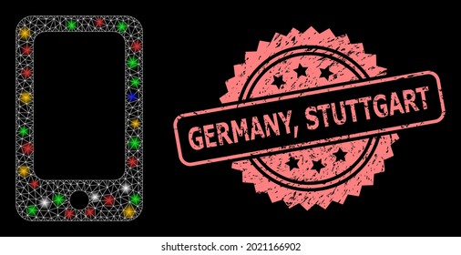 Glowing mesh network smartphone with light dots, and Germany, Stuttgart dirty rosette stamp seal. Illuminated vector constellation created from smartphone icon. Pink seal contains Germany,