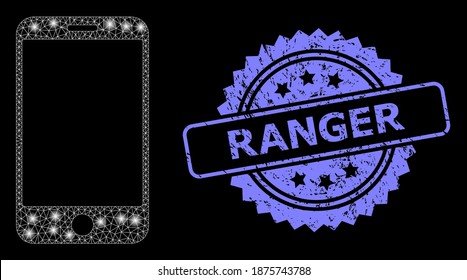 Glowing mesh network smartphone with glowing spots, and Ranger textured rosette stamp. Illuminated vector model created from smartphone icon. Blue stamp seal includes Ranger tag inside rosette.
