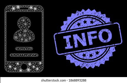 Glowing mesh network smartphone user info with glowing spots, and Info unclean rosette seal print. Illuminated vector model created from smartphone user info icon.